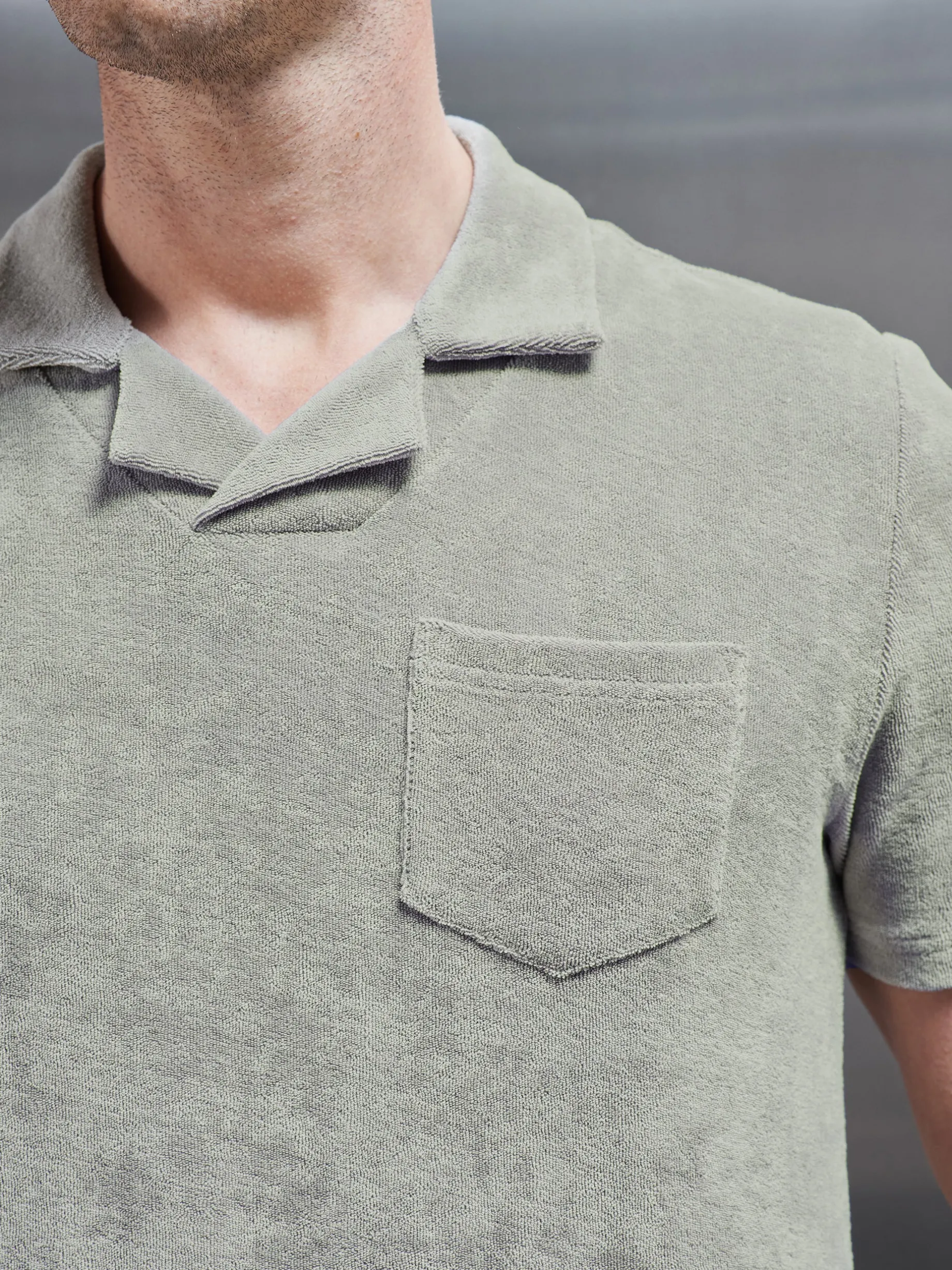 Towelling Revere Collar Polo Shirt - Stone