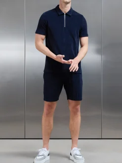 Towelling Zip Polo Shirt - Navy