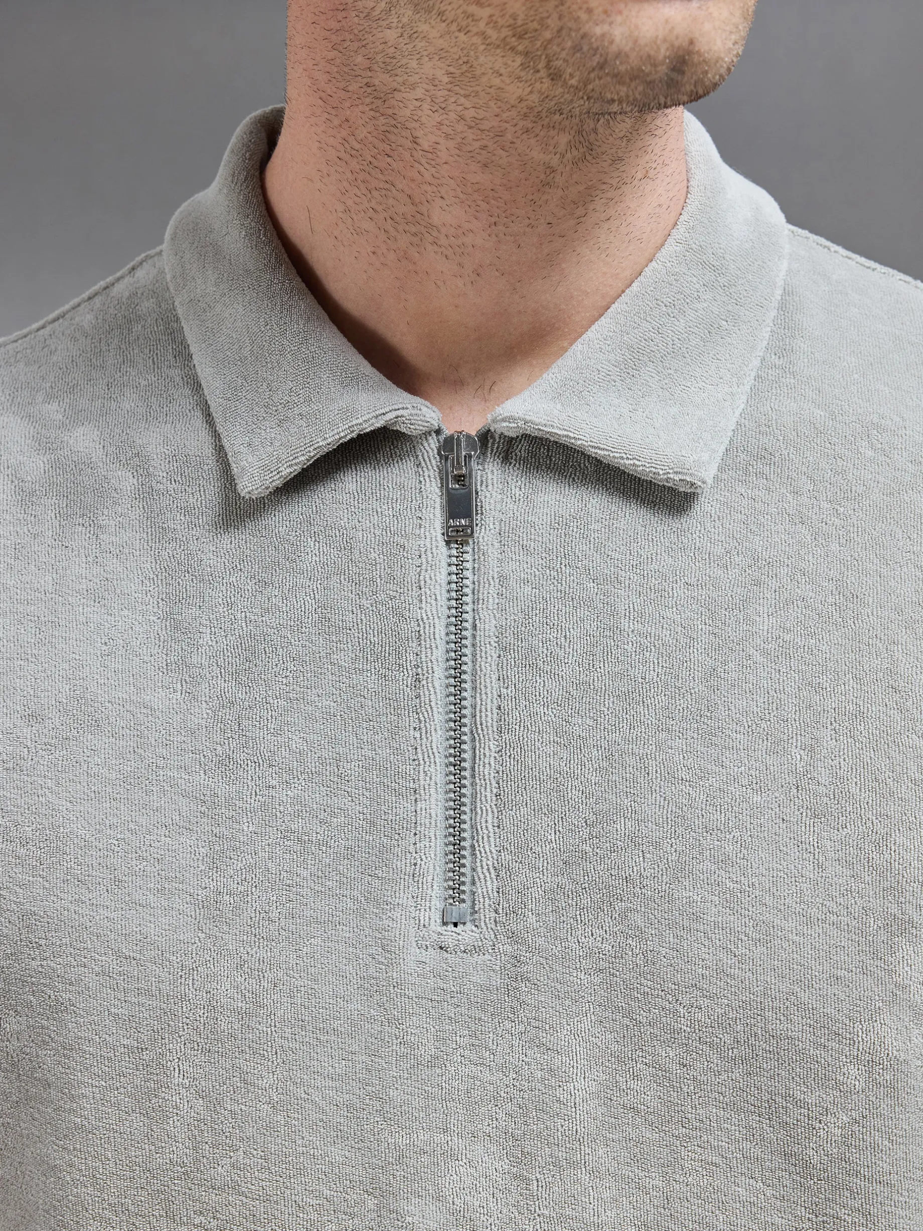 Towelling Zip Polo Shirt - Stone