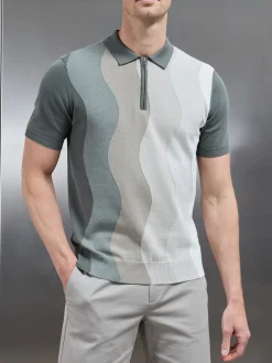 Wave Knitted Zip Polo Shirt - Sage