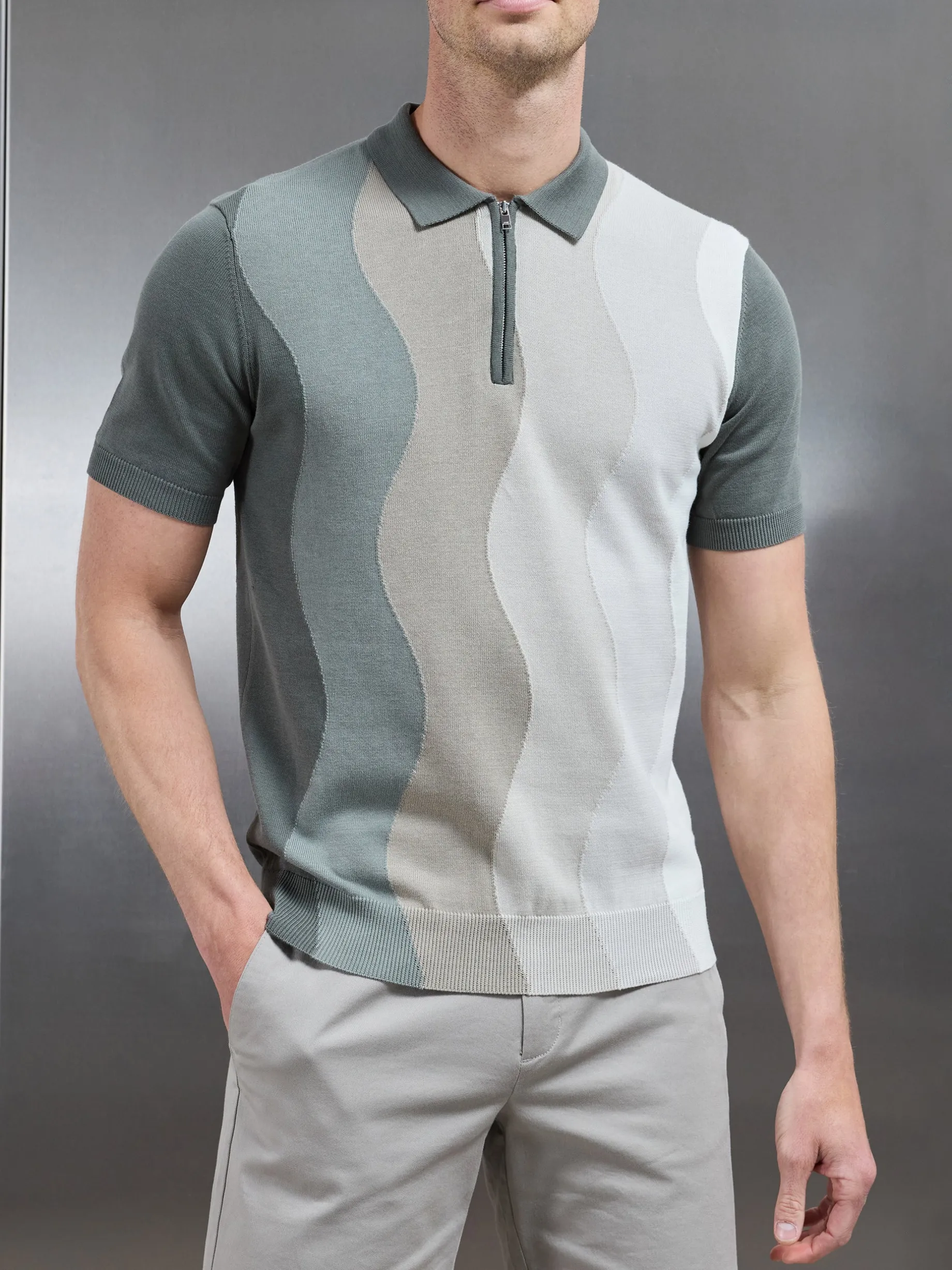 Wave Knitted Zip Polo Shirt - Sage