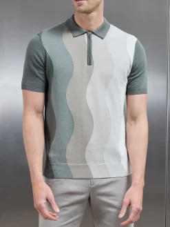 Wave Knitted Zip Polo Shirt - Sage