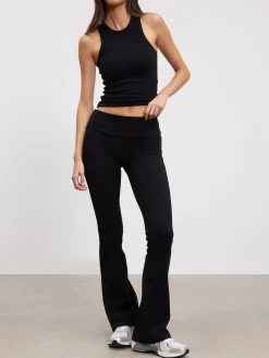 Womens Brushed Cotton Jersey Fold Over Flared Legging - Black