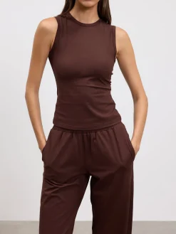 Womens Cotton Modal Round Neck Vest - Brown