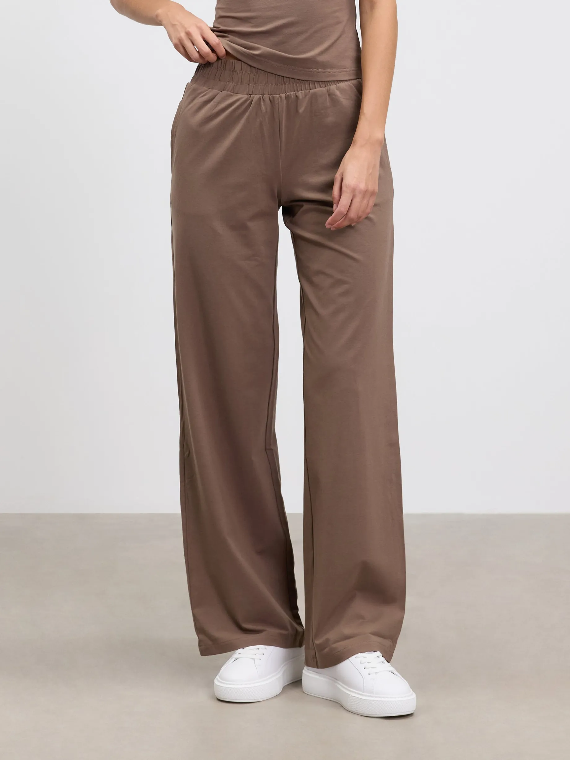 Womens Cotton Modal Wide Leg Pull On Trouser - Taupe