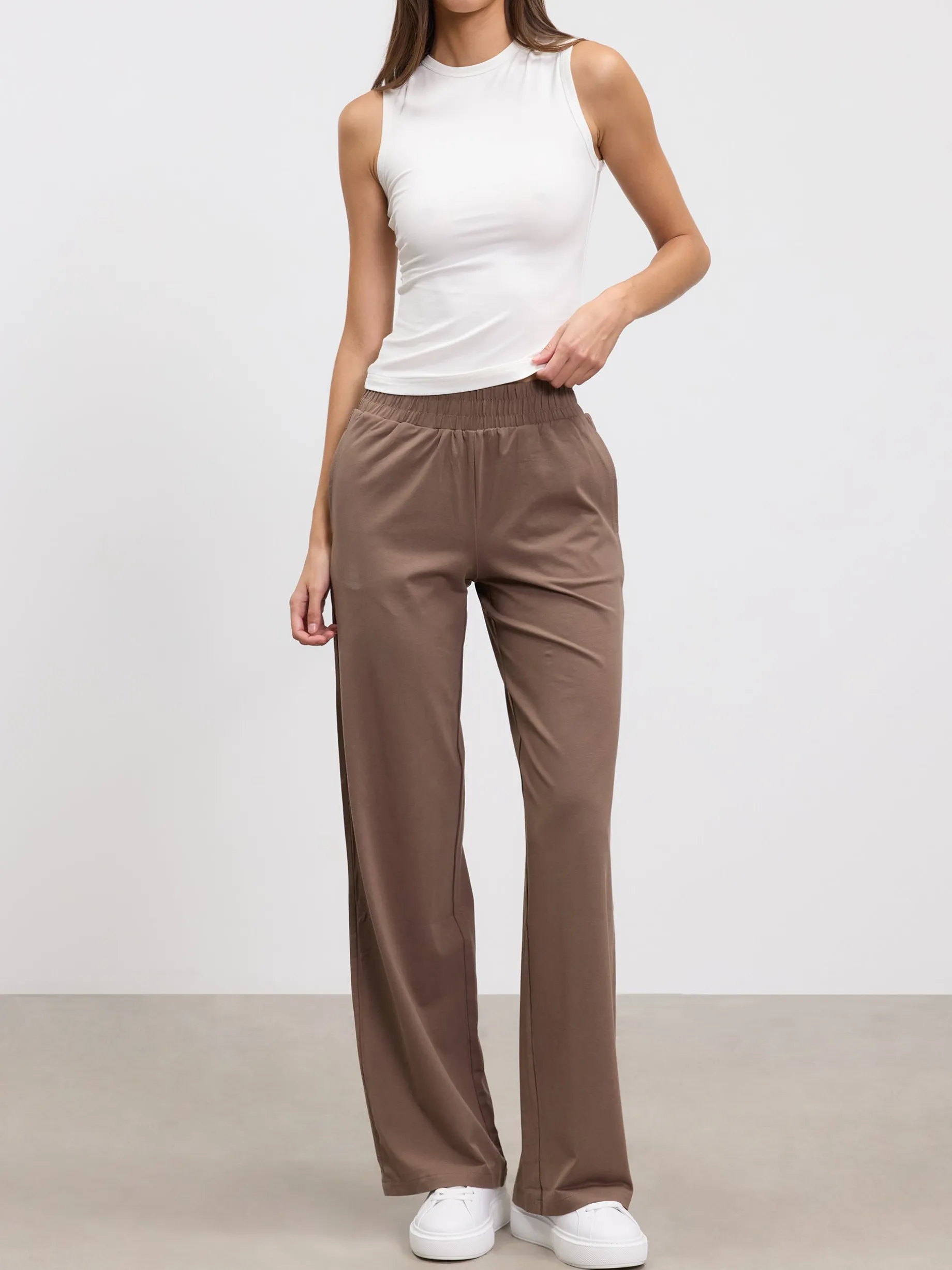 Womens Cotton Modal Wide Leg Pull On Trouser - Taupe