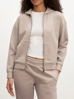 Womens Knitted Relaxed Zip Hoodie - Stone