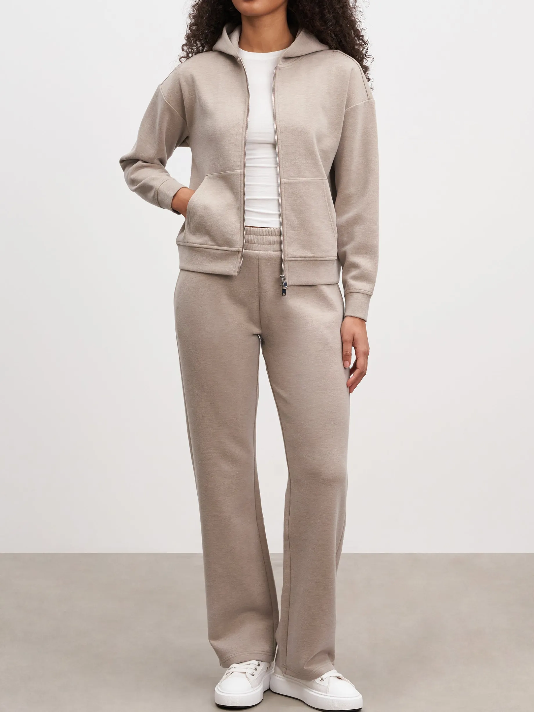 Womens Knitted Relaxed Zip Hoodie - Stone