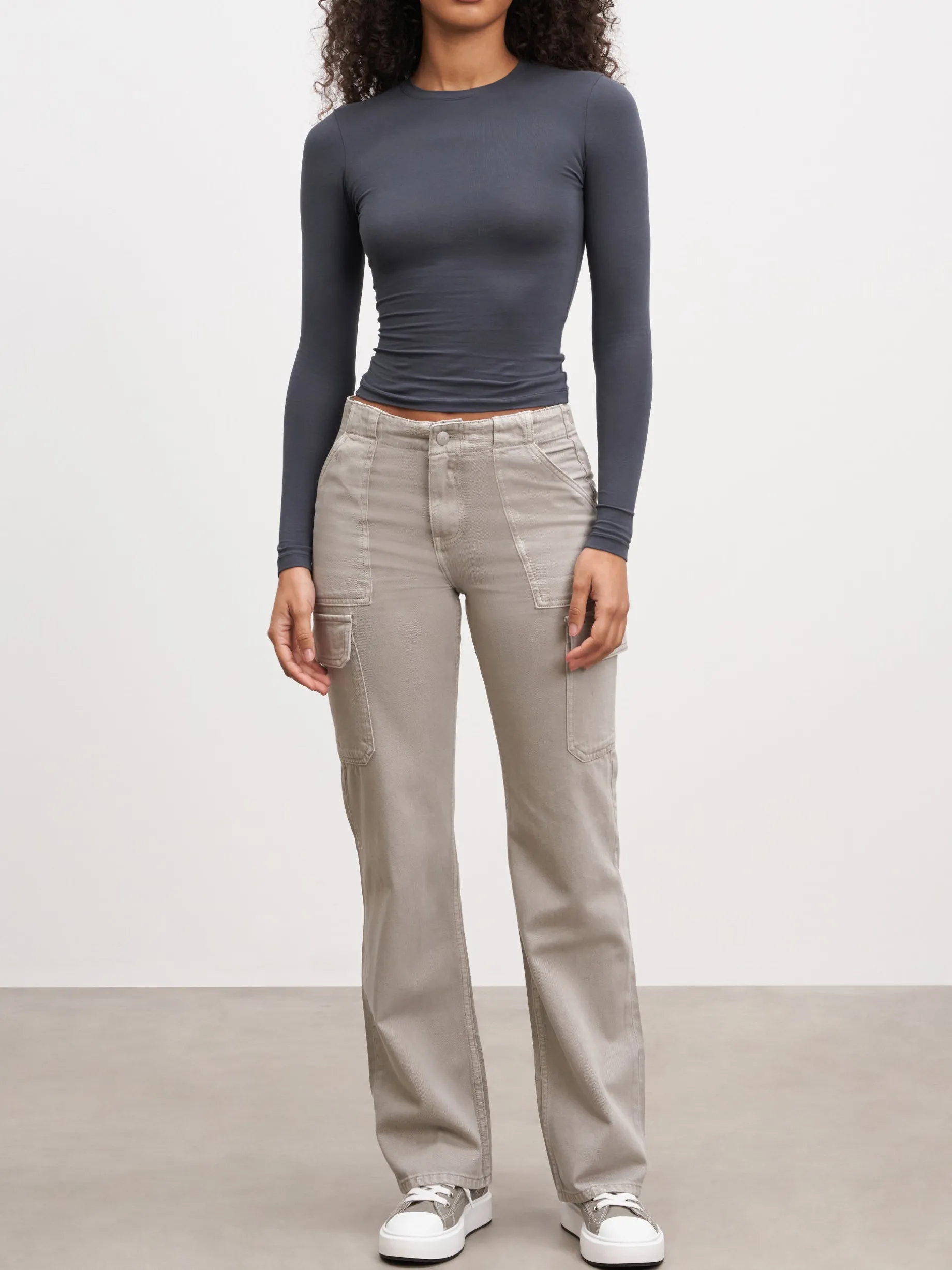 Womens Mid Rise Cargo Pant - Stone