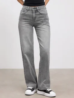 Womens Mid Rise Straight Denim Jean - Grey Wash