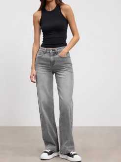 Womens Mid Rise Straight Denim Jean - Grey Wash