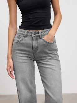 Womens Mid Rise Straight Denim Jean - Grey Wash