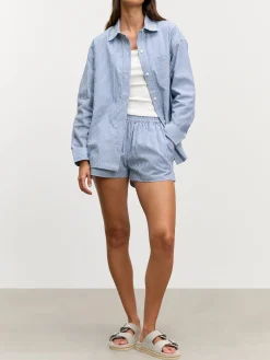 Womens Pull On Stripe Cotton Short - Blue