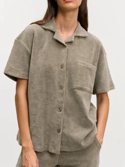 Womens Towelling Revere Collar Shirt - Taupe