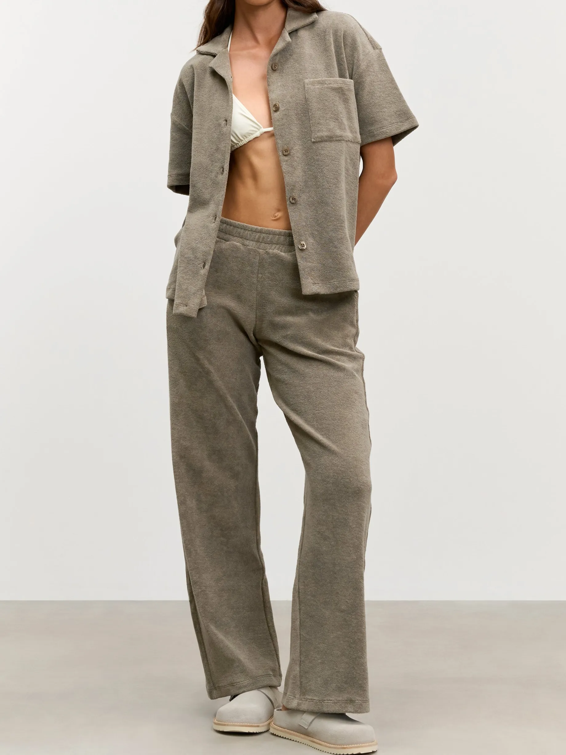 Womens Towelling Revere Collar Shirt - Taupe