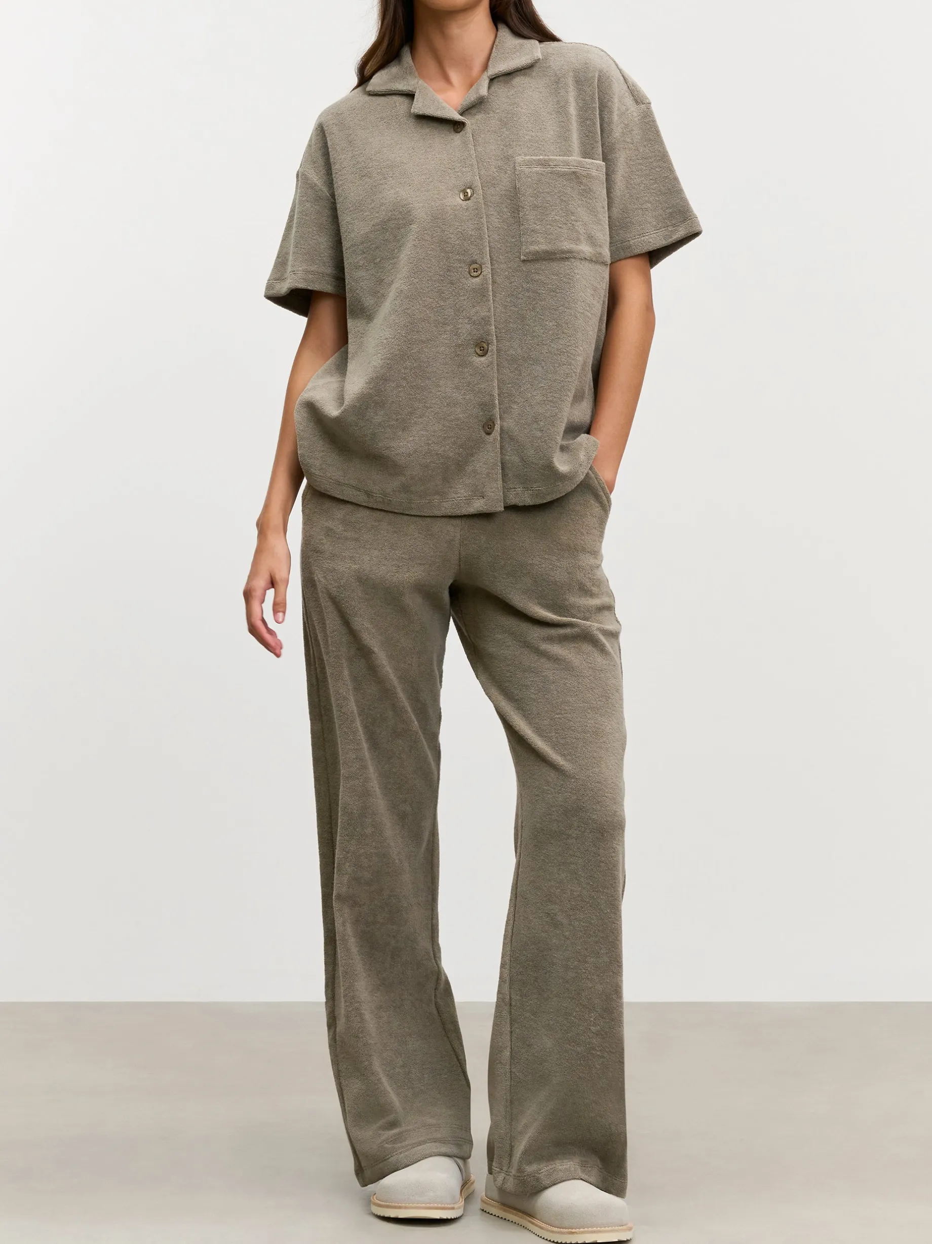 Womens Towelling Revere Collar Shirt - Taupe
